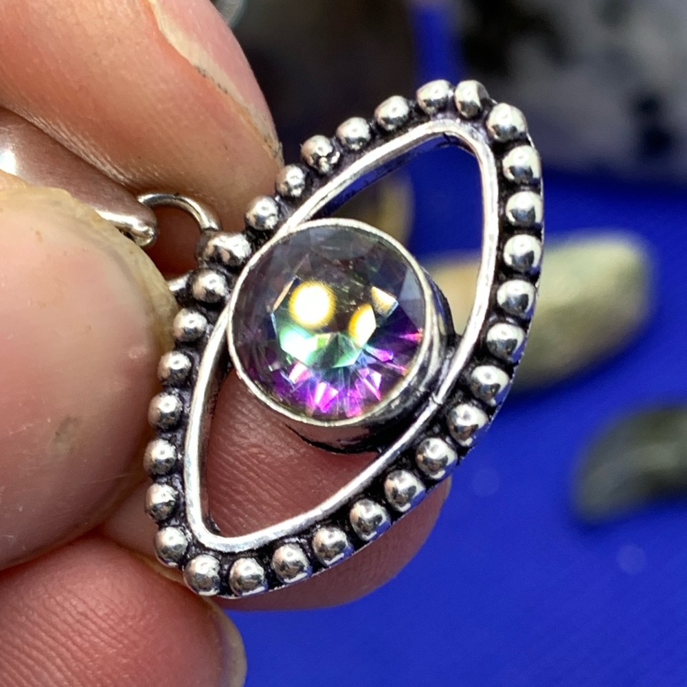 Mystic Topaz Lucky “Evil Eye” Pendant! .925 Sterling Silver Overlay, Handmade! - Picture 7 of 16